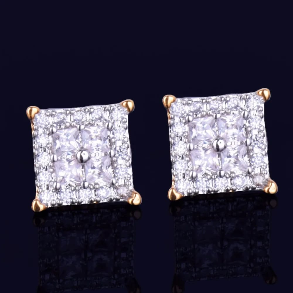 Men 12MM Square Baguette Zircon Stud Earring Silver And Gold